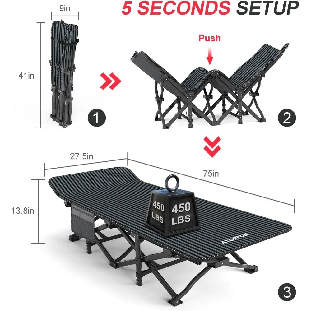 Comfortable Folding Camping Cot for Adults with Cushion and Carry Bag Supports 450 lbs