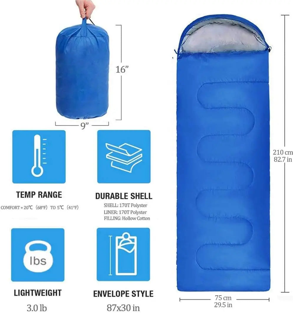 Camping Sleeping Bag Envelope Cap Spring Summer Autumn Outdoor Hiking Travel Bag Single Sleeping Warm Bag 210*75CM 5-20 Degree