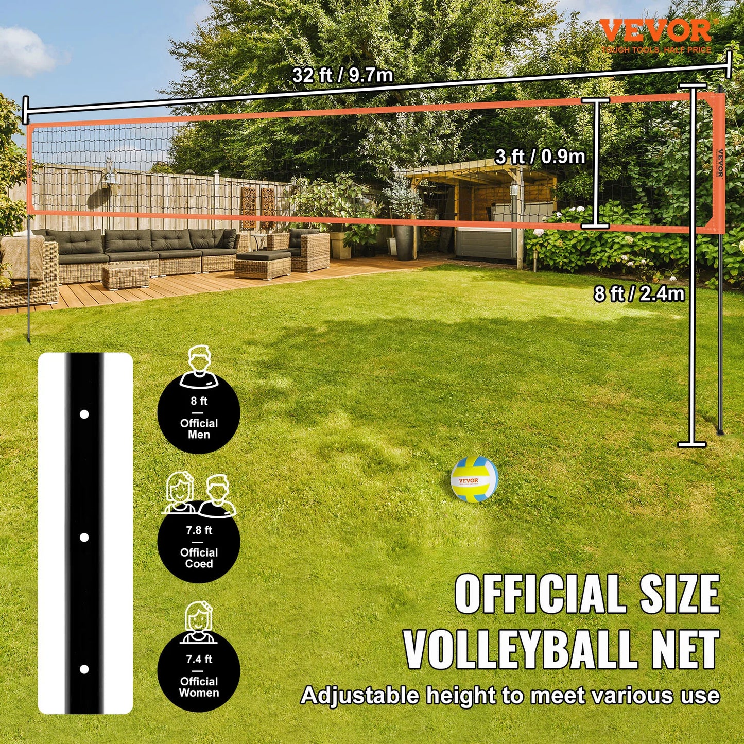 SucceBuy 1.25-1.75inch  Portable Volleyball Net System Adjustable Height Aluminum Poles Volleyball Set w/ Pump Carrying Bag