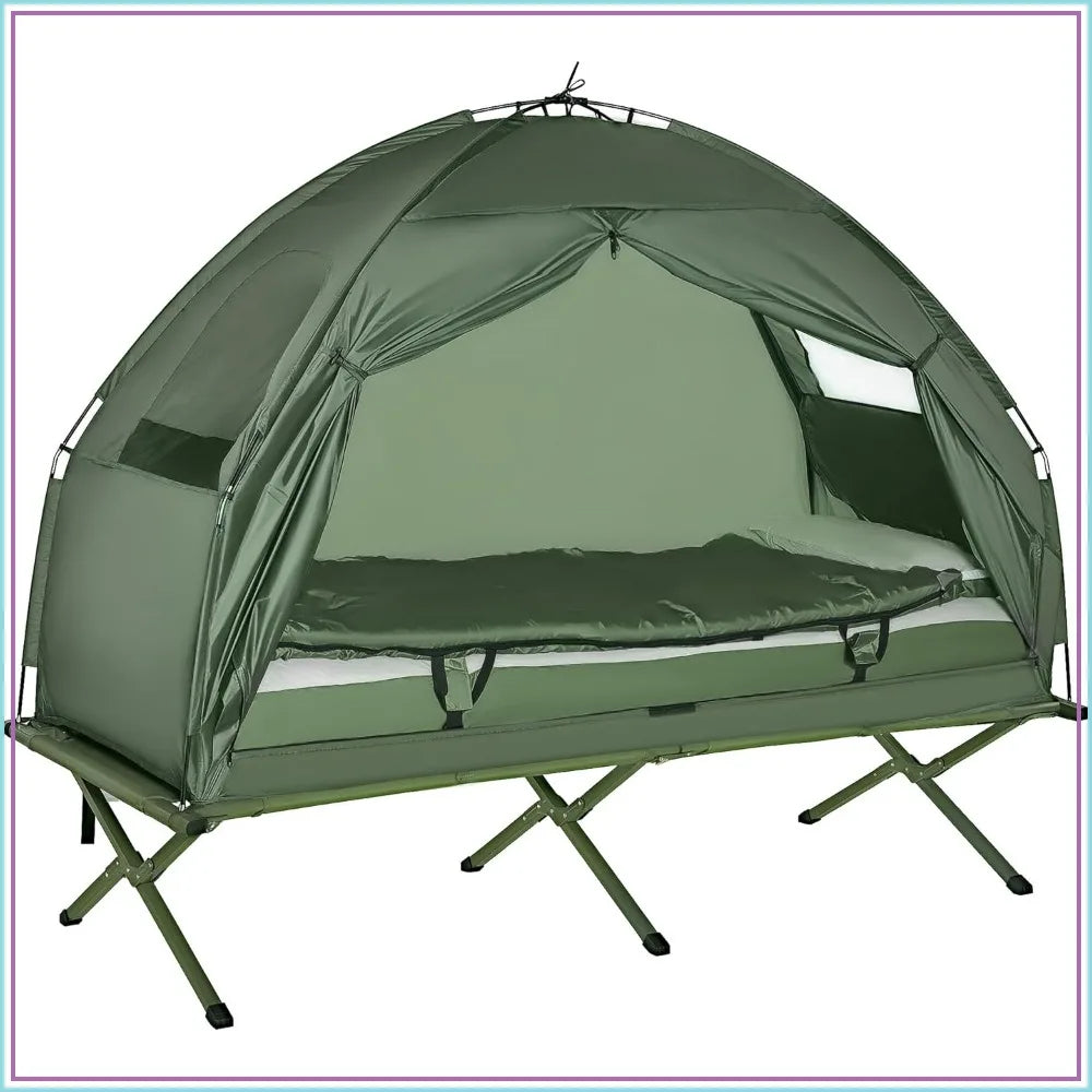 6-in-1 Folding Tent Cot Combo with Mattress, Pillow, Sleeping Bag, Bed Cover, Roller Bag, Off Ground Camp Cot for Hiking, Picnic