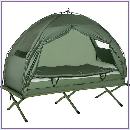 6-in-1 Folding Tent Cot Combo with Mattress, Pillow, Sleeping Bag, Bed Cover, Roller Bag, Off Ground Camp Cot for Hiking, Picnic