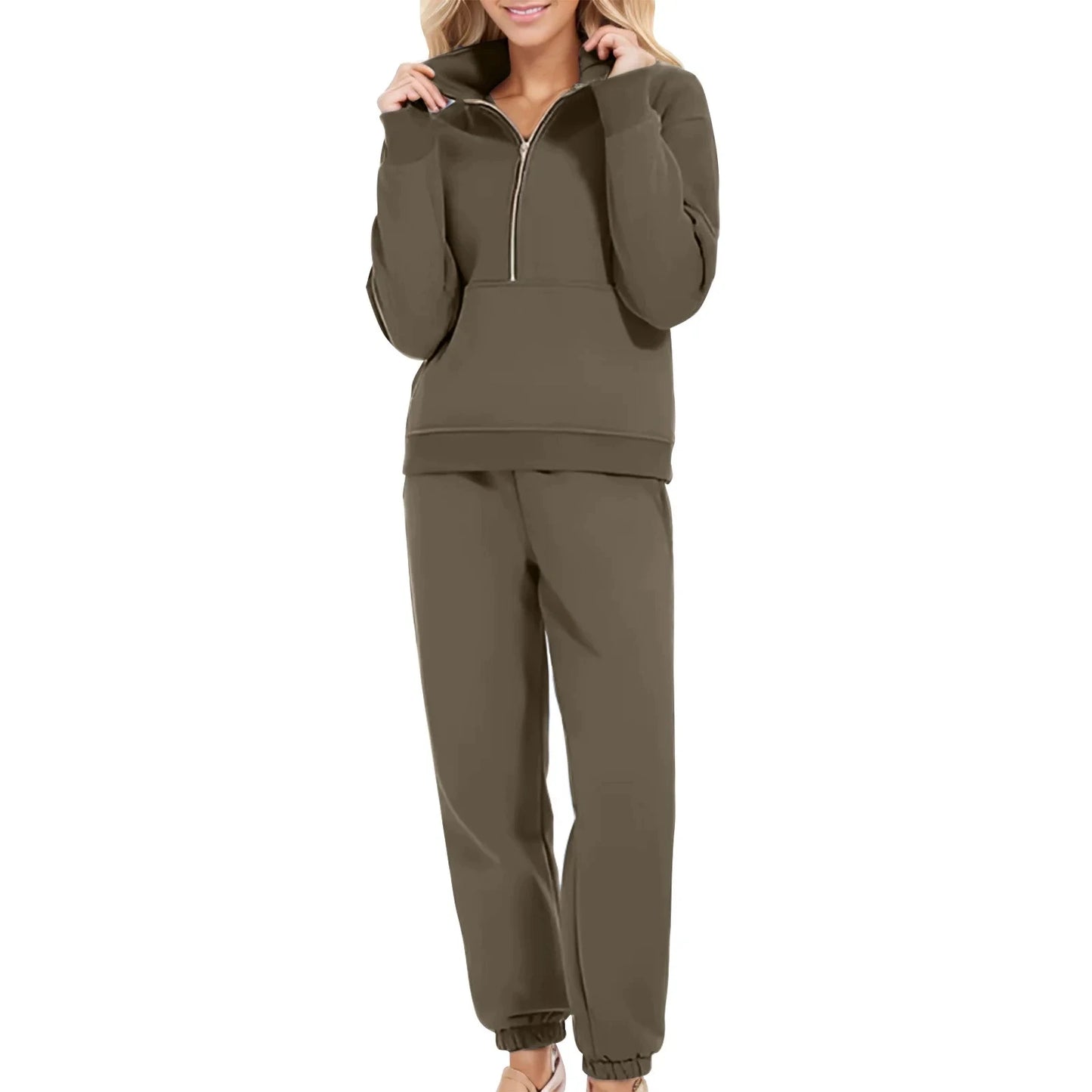 Casual Half Zip Up 2 Piece Sets For Women Loose Pullover Sweatshirt And Joggers Pants Sportswear Spring Autumn Solid Match Suits