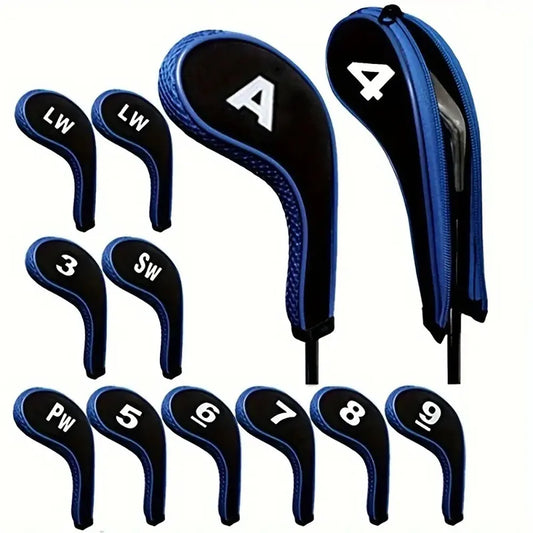 Protective Golf Club Covers 12-Piece Neoprene Number Print Set with Zippered Driver Head and Long Neck for Woods