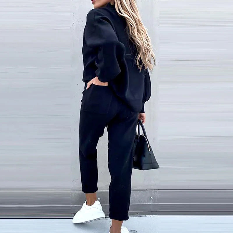 Autumn Winter 2Pcs Set Women Tracksuit Long Sleeve Pullover Warm Top Hoodie+Jogger Pants Solid Outfit Sport Suit Sets