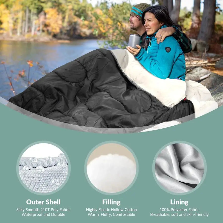 Double Sleeping Bag 2 Pillows for Adults, Queen Size XL Sleeping Bag Waterproof, Compact with Compression Sack, 2 Person Sleepin