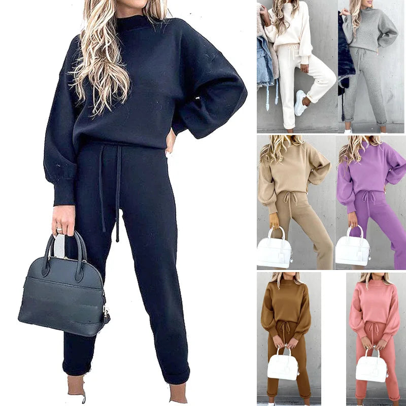 Autumn Winter 2Pcs Set Women Tracksuit Long Sleeve Pullover Warm Top Hoodie+Jogger Pants Solid Outfit Sport Suit Sets