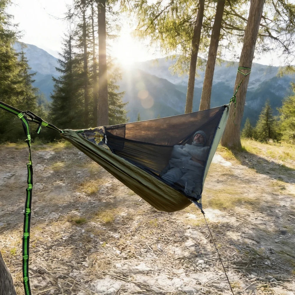 Night Cat Camping Hammock Outdoor: Portable Hammock with Mosquito Net and Sleeping Pad Lightweight for 1 Person for Wild Travel