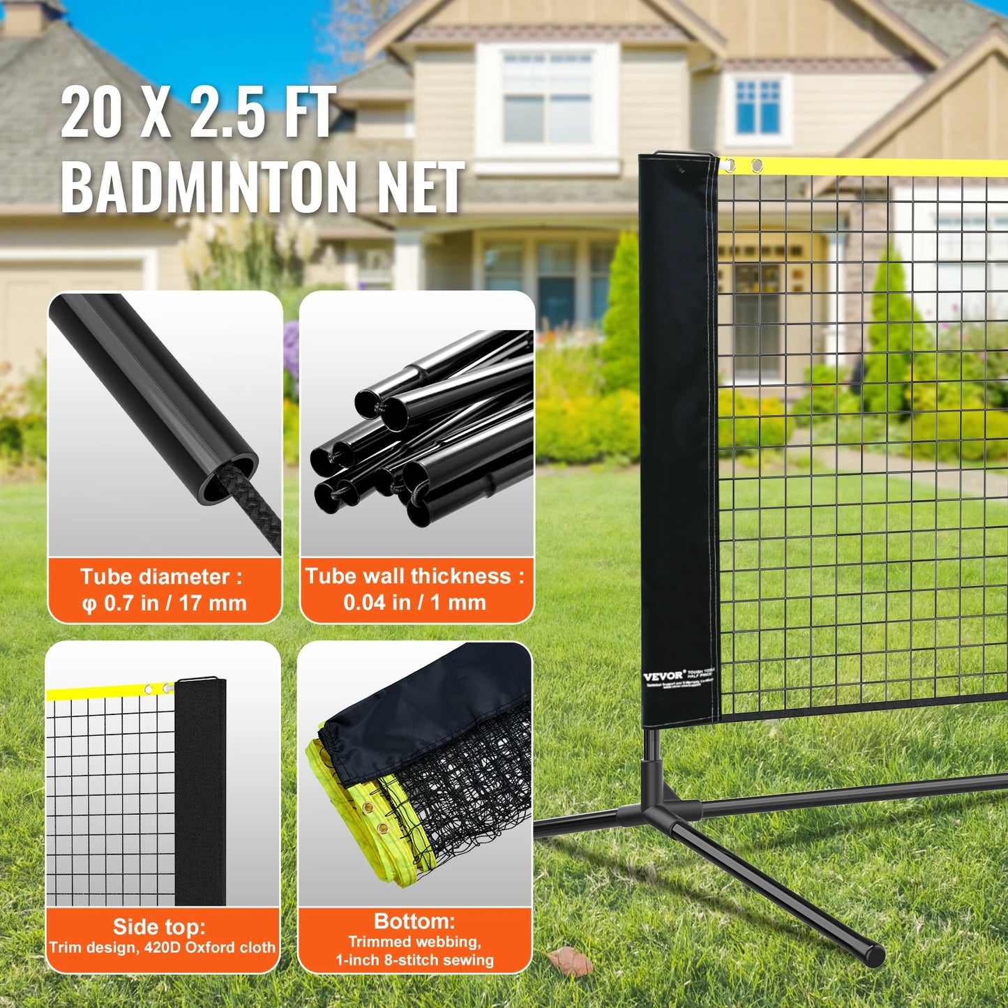 SucceBuy 20FT Badminton Net Height Adjustable Volleyball Net Wide Foldable Pickleball Net Portable Tennis Net Set w/Poles Stand