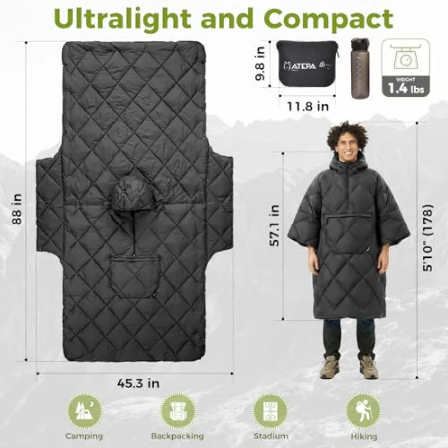 Wearable Sleeping Bag Recycled Water-Resistant Camping Blanket Poncho Ultralight Packable Stadium Blanket for Outdoor