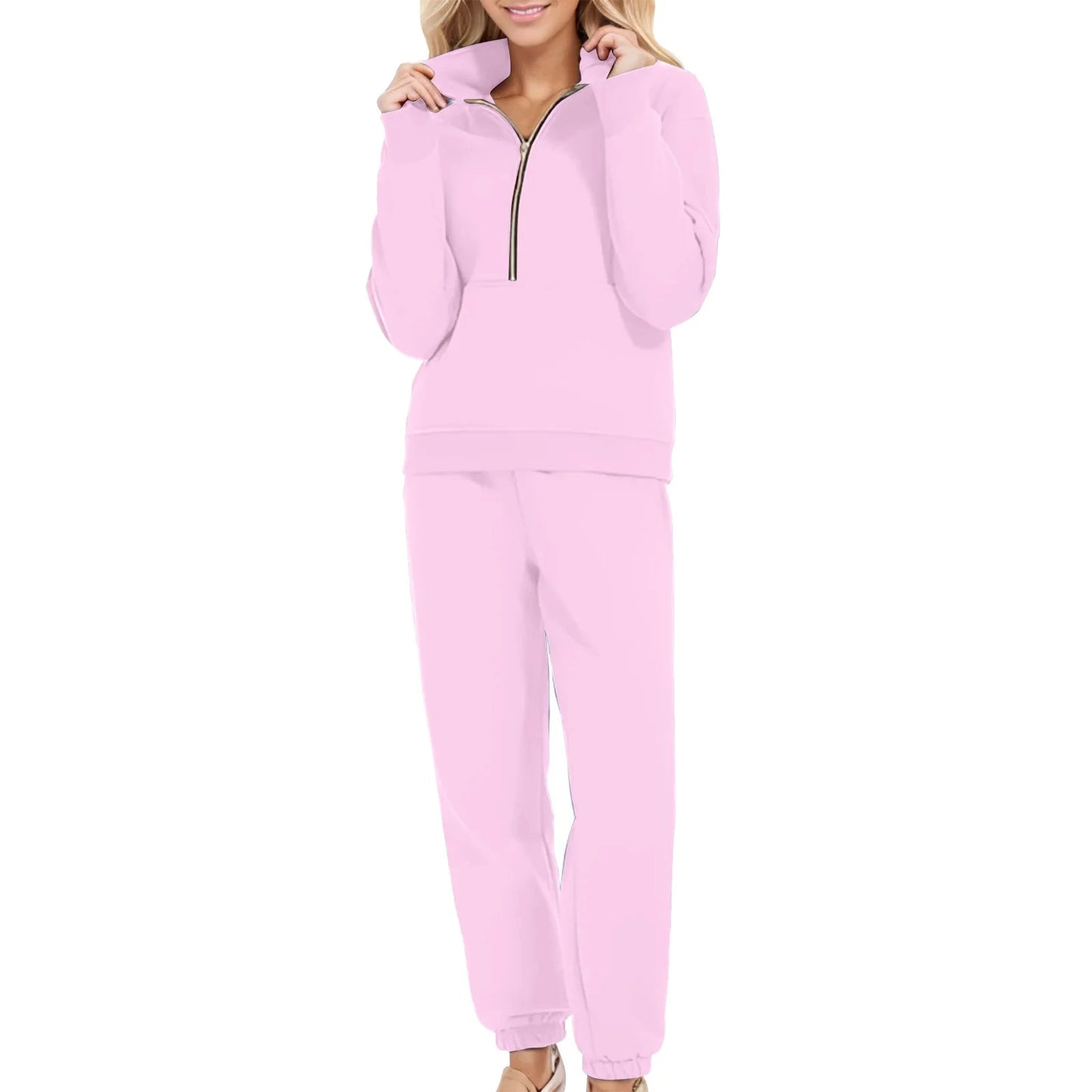 Casual Half Zip Up 2 Piece Sets For Women Loose Pullover Sweatshirt And Joggers Pants Sportswear Spring Autumn Solid Match Suits