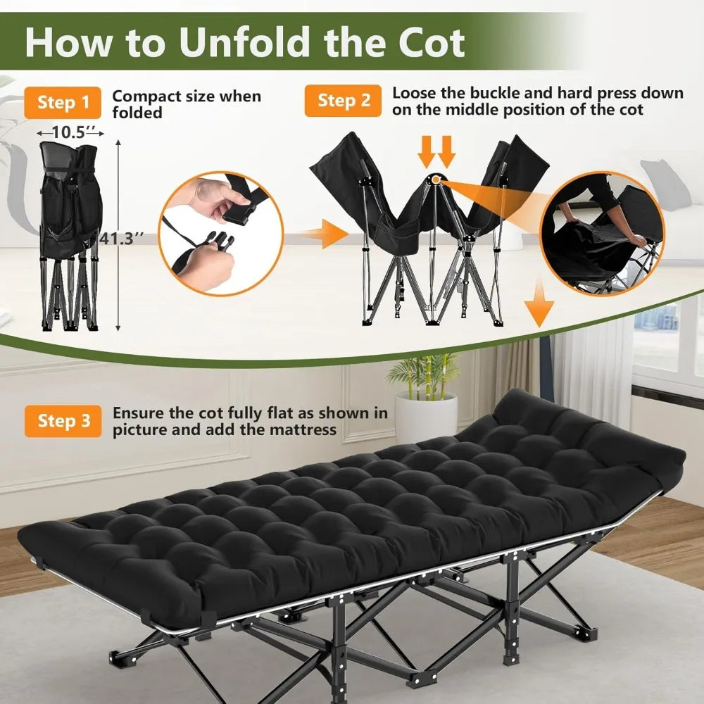 Slendor Camping Cot, Folding Camping Cots for Adults, Portable Sleeping Cot with Carry Bag, 1200D Double Layer Oxford,