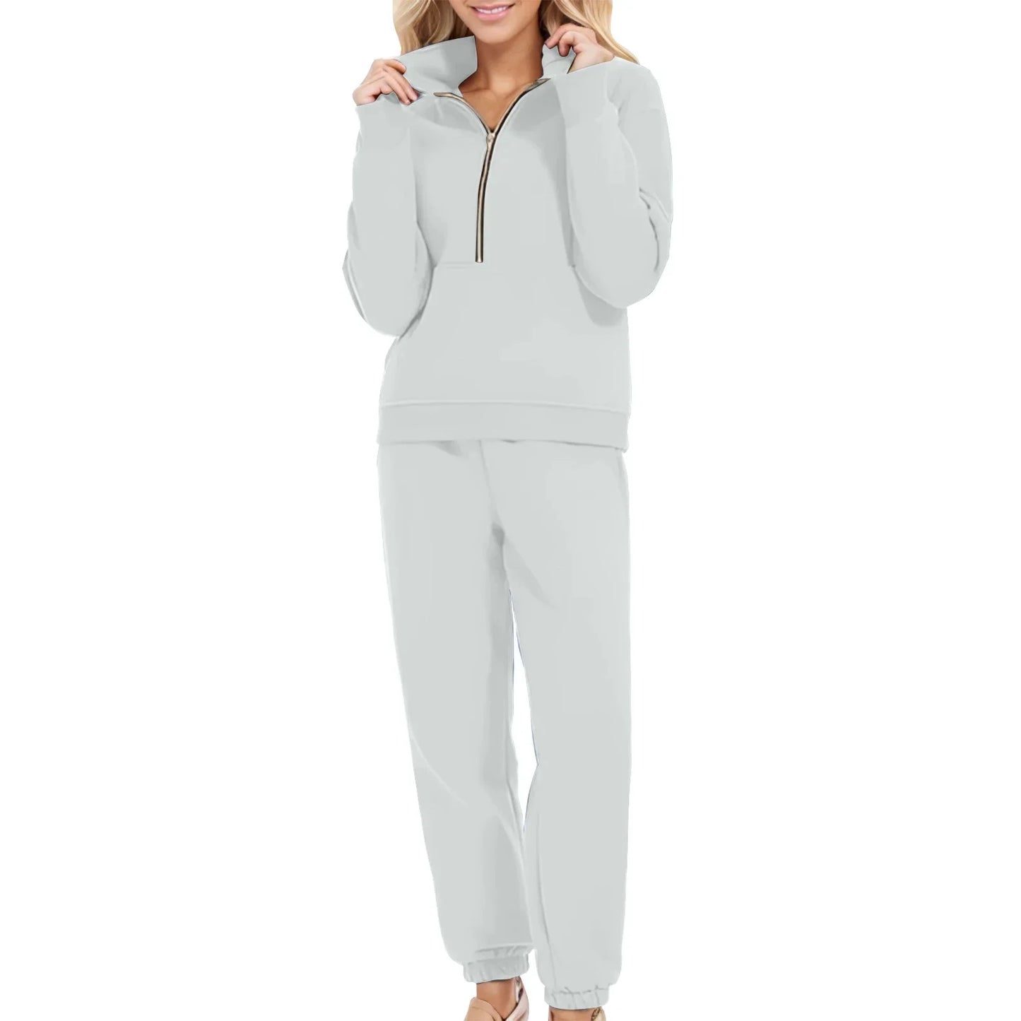 Casual Half Zip Up 2 Piece Sets For Women Loose Pullover Sweatshirt And Joggers Pants Sportswear Spring Autumn Solid Match Suits