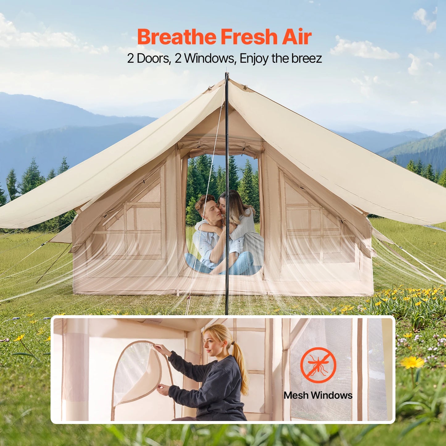 SucceBuy Inflatable Tents for Camp 3-5 Person Easy Setup Blow up Tent with Hand Pump 300D Oxford Tent with Doors & Mesh Windows