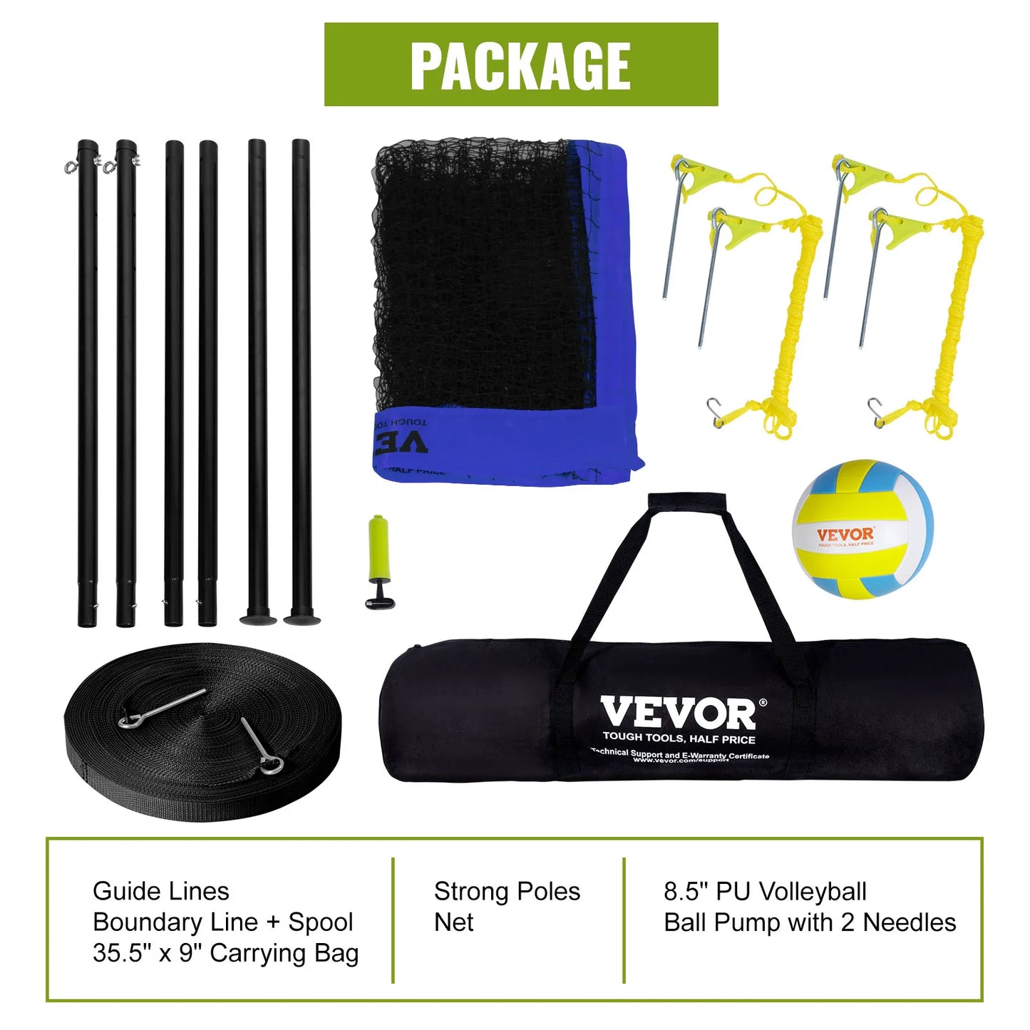 SucceBuy 1.25-1.75inch Outdoor Volleyball Net System Adjustable Height Aluminum Poles Volleyball Set with Pump Carrying Bag