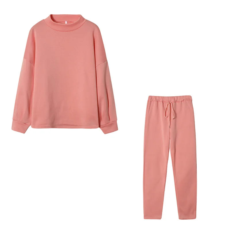 Autumn Winter 2Pcs Set Women Tracksuit Long Sleeve Pullover Warm Top Hoodie+Jogger Pants Solid Outfit Sport Suit Sets
