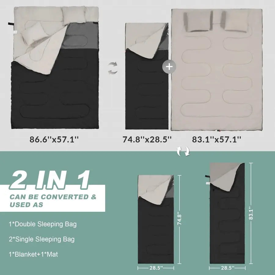 Double Sleeping Bag 2 Pillows for Adults, Queen Size XL Sleeping Bag Waterproof, Compact with Compression Sack, 2 Person Sleepin