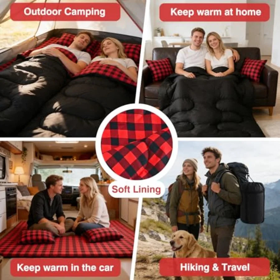 Double Sleeping Bag Sleeping Bag with 2 Pillows Queen Size XL Bag for 2 People Cold Warm Weather- 3 Seasons Waterproof Adults f
