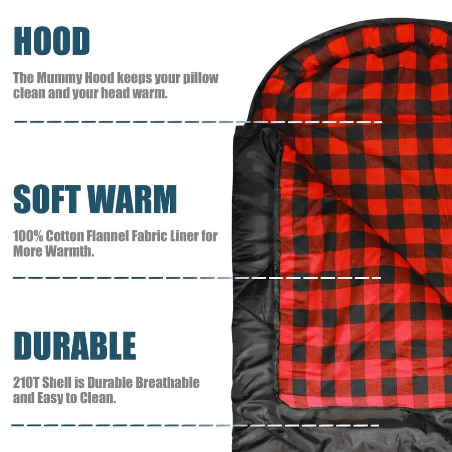 0 Degree Sleeping Bag for Adults Cotton Flannel 4 Season Cold Weather Winter, XXL Big and Tall Camping Sleeping Bag with Compres