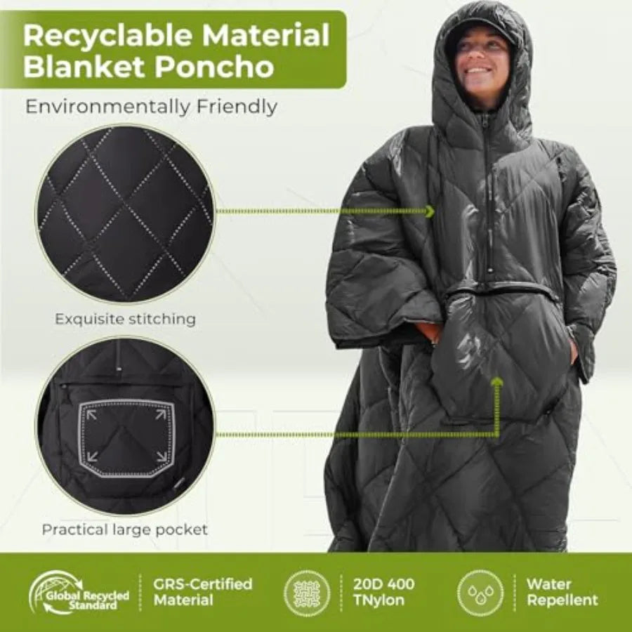 Wearable Sleeping Bag Recycled Water-Resistant Camping Blanket Poncho Ultralight Packable Stadium Blanket for Outdoor