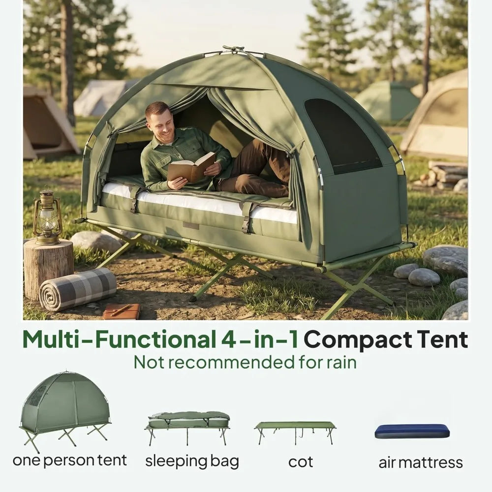 6-in-1 Folding Tent Cot Combo with Mattress, Pillow, Sleeping Bag, Bed Cover, Roller Bag, Off Ground Camp Cot for Hiking, Picnic
