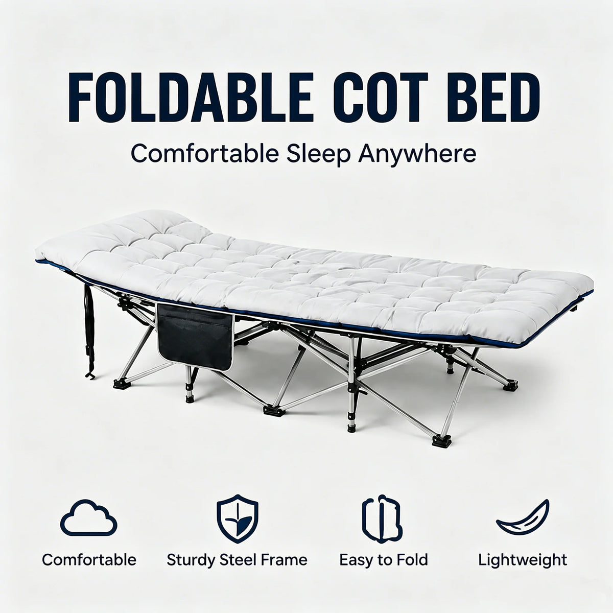 Foldable Cot Bed with Thick Mattress - Portable Camping & Office Nap Bed, Sturdy Steel Frame, Easy Fold & Lightweight for Indoor/Outdoor Use